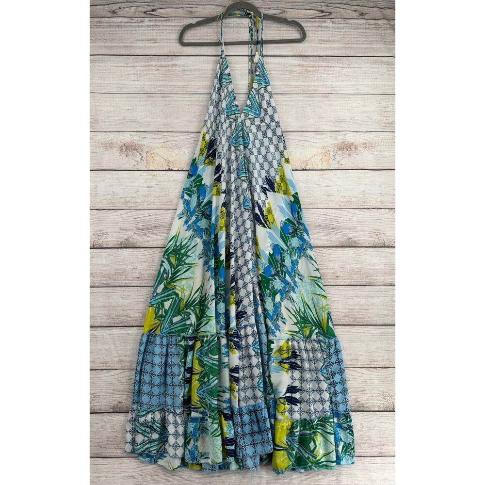 Karma Highway Floral Halter Maxi Dress Womens One Size White Blue Green
